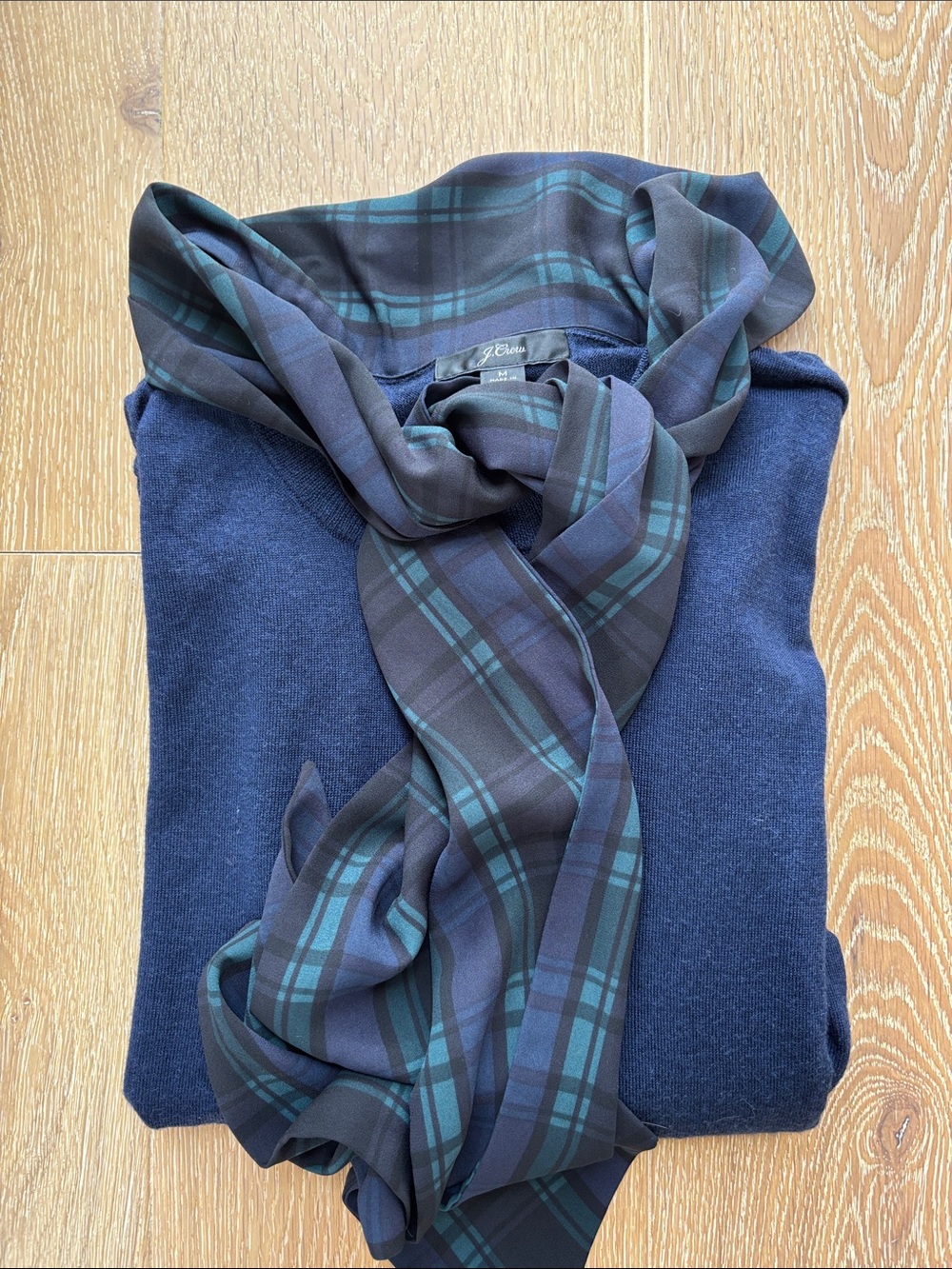 J. Crew Women’s Merino Wool Navy Crewneck Sweater with Black Watch plaid scarf M